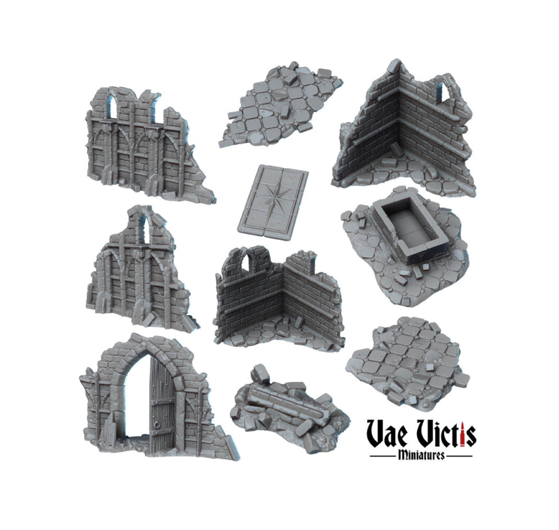 Vae Victis Miniatures digital renders of ruined church walls, a doorway, broken masonry, and floor sections.