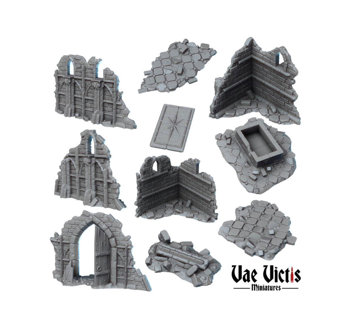 Vae Victis Miniatures digital renders of ruined church walls, a doorway, broken masonry, and floor sections.
