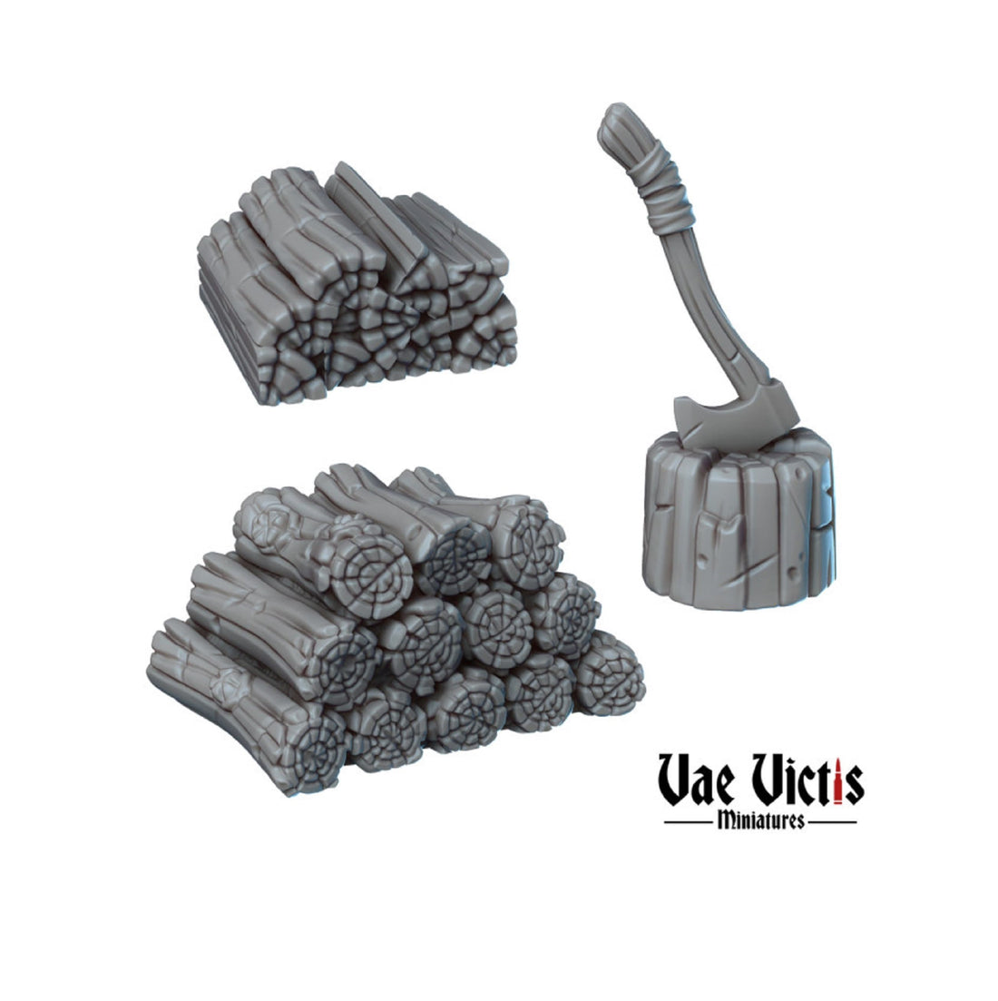 Catalog image of Vae Victis miniature wood piles and an axe in a chopping block