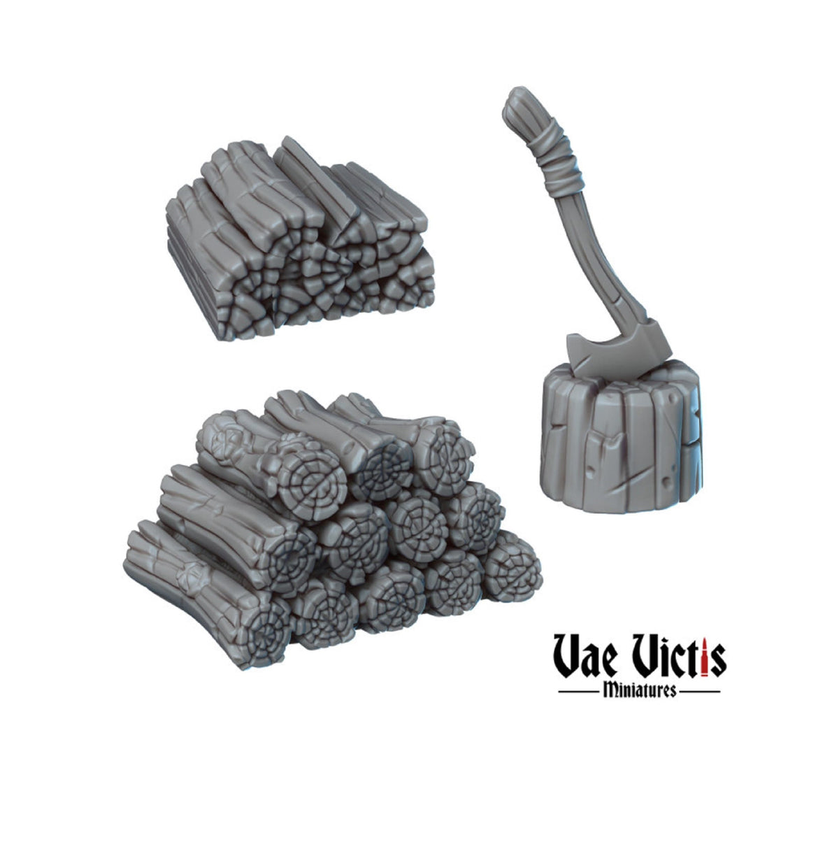 Catalog image of Vae Victis miniature wood piles and an axe in a chopping block