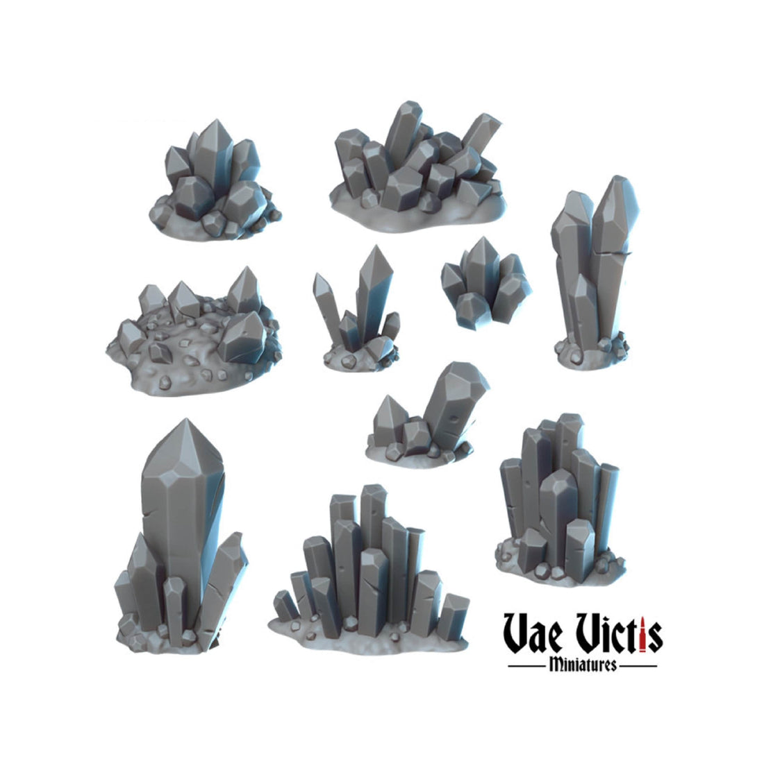 Vae Victis Miniatures digital render showing ten clusters of angular crystal terrain.