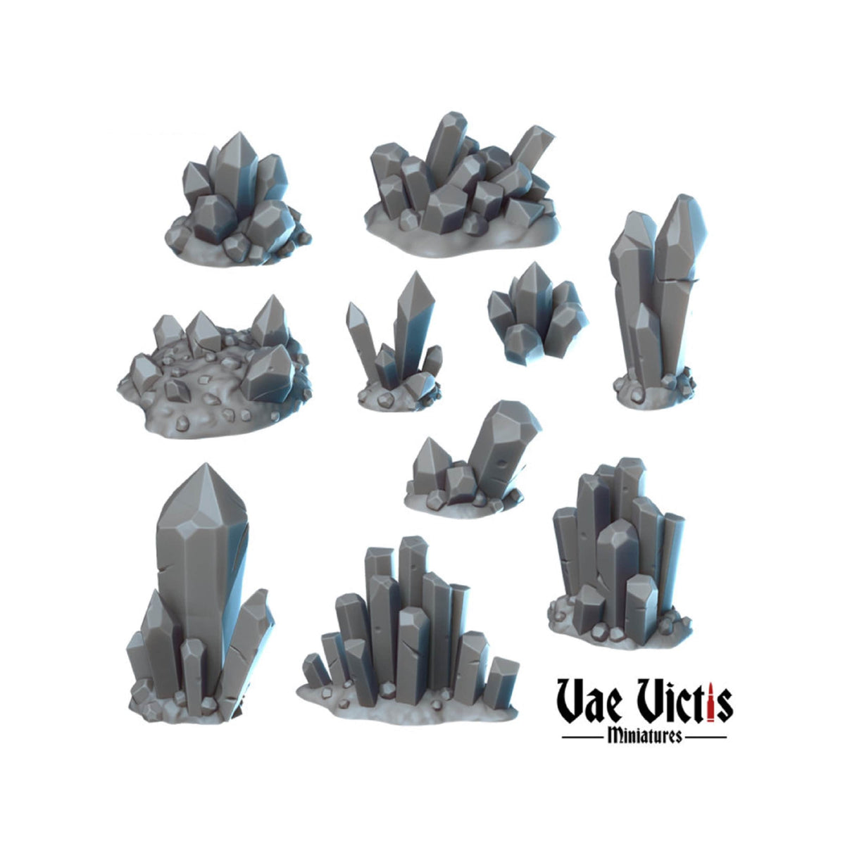Vae Victis Miniatures digital render showing ten clusters of angular crystal terrain.