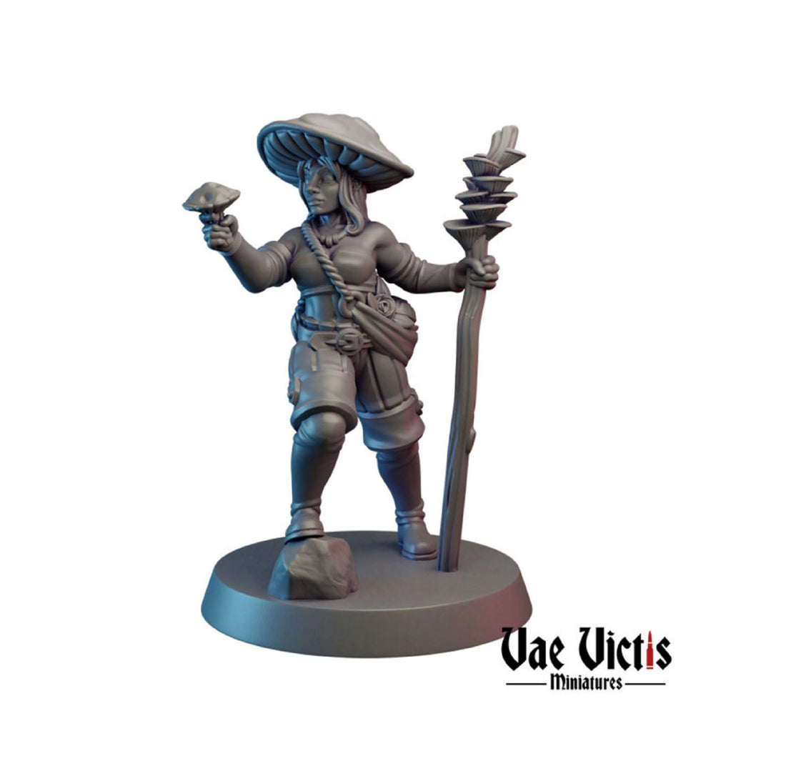 Digital render of a mushroom-themed druid with a staff and mushroom cap, sculpted by Vae Victis Miniatures