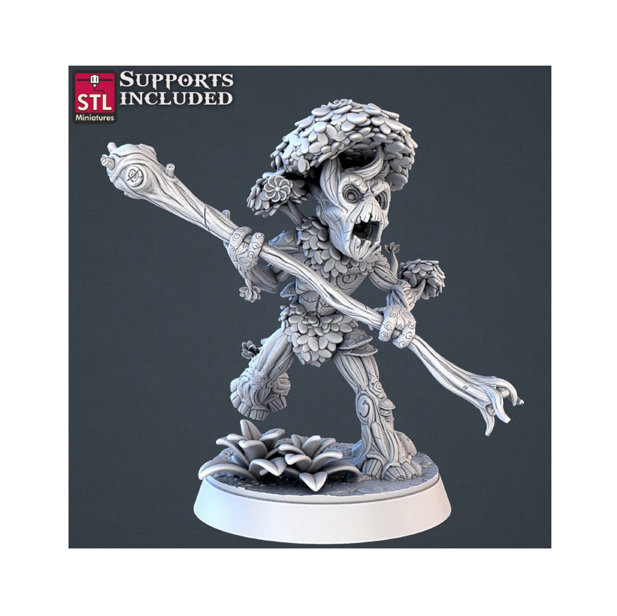 STL Miniatures digital render of a leafy Forest Protector holding a long branch weapon on a scenic base.