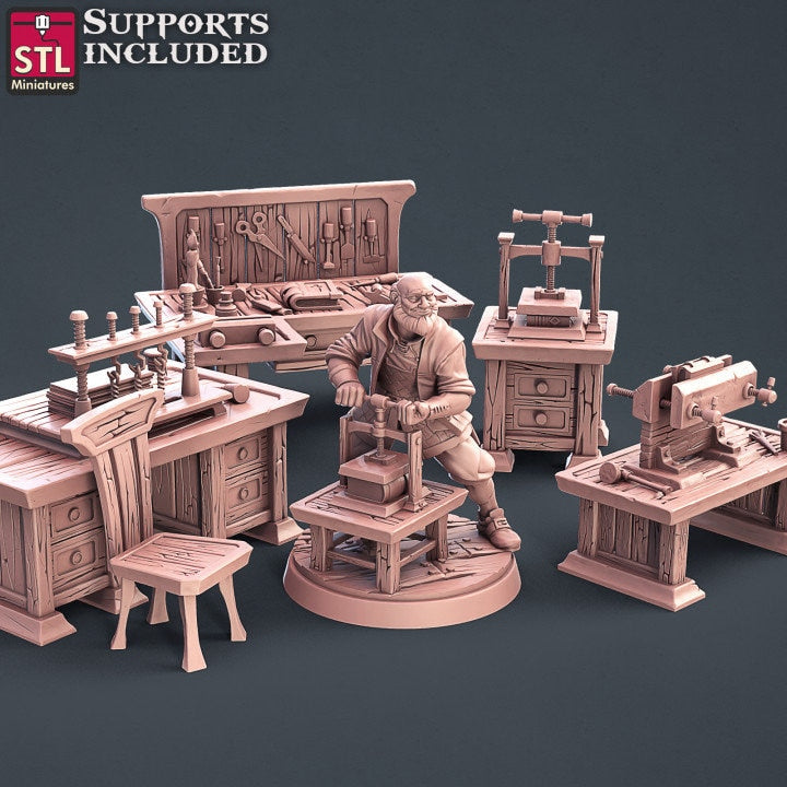 STL Miniatures digital render of a bookbinder surrounded by workbenches, presses, and bookbinding tools.