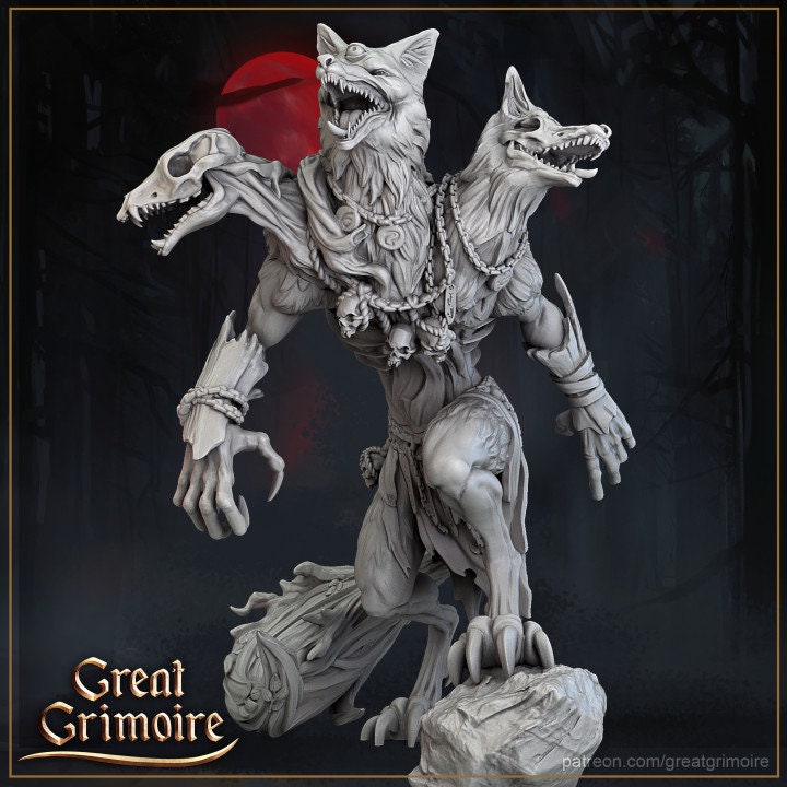 Great Grimoire digital render of the three-headed Fox Abomination on a scenic base.