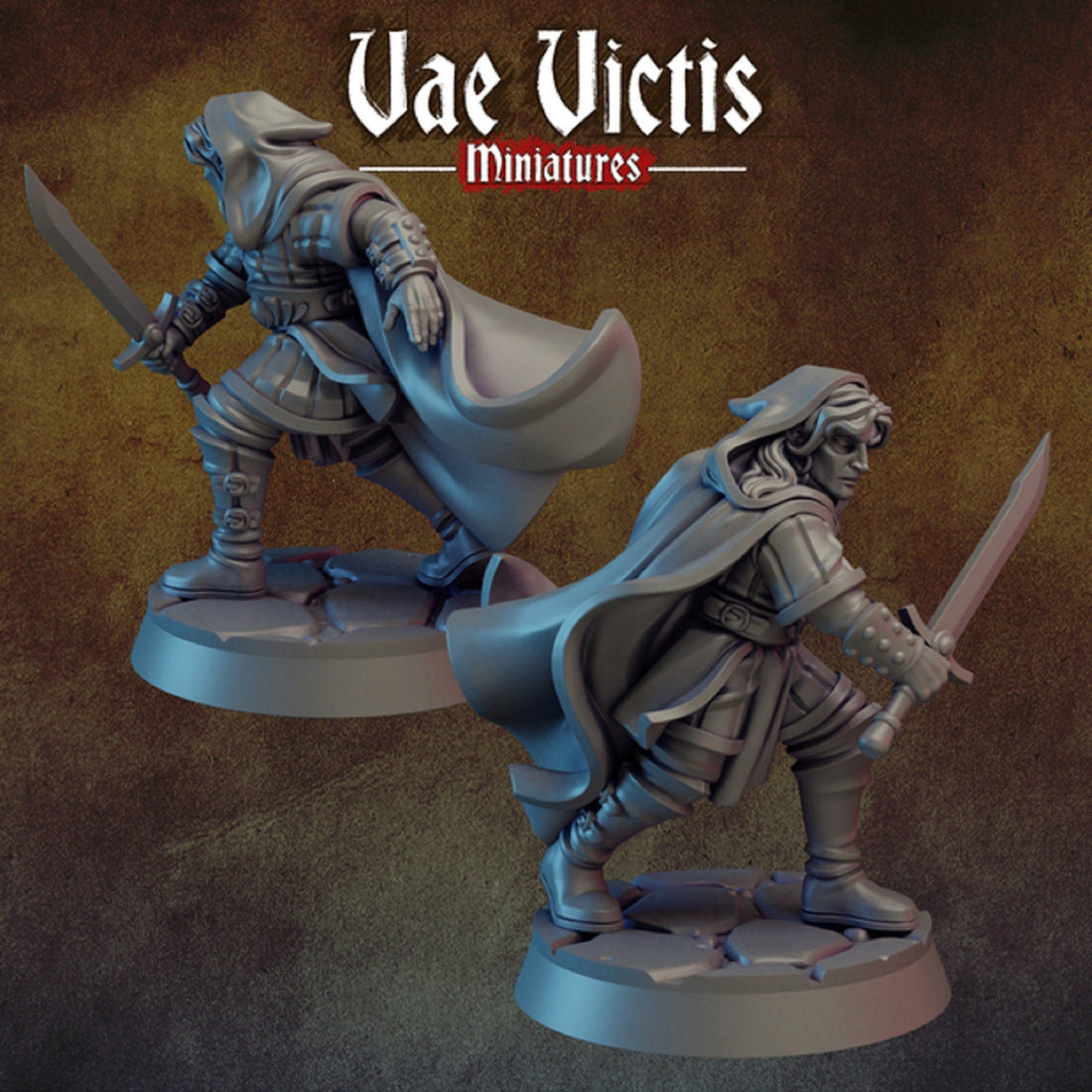 Vae Victis Miniatures digital renders showing the hood and flowing cloak of an elf swordsman from two angles.
