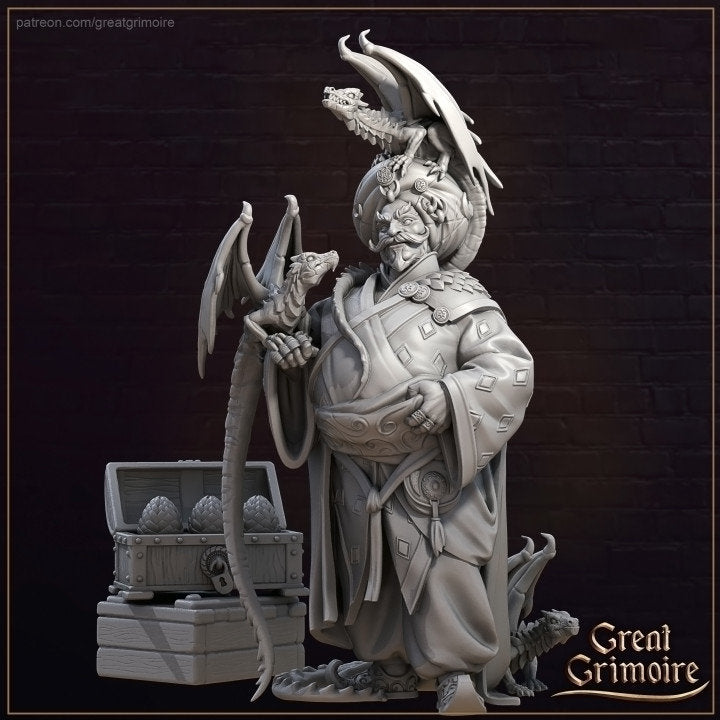 Digital render of Great Grimoire's Dragon Merchant miniature with small dragons and a chest