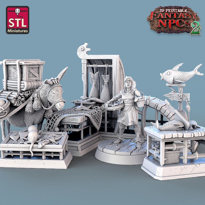 STL Miniatures digital render of a fishmonger with market displays, fish, and a loaded donkey