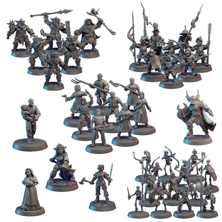 A collection of fantasy adventurers, villagers and creatures in the 40-piece starter set product render