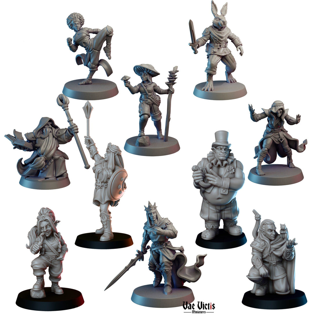 Ten adventurer miniature sculpts shown together in a product render