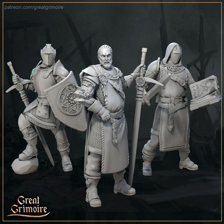 Digital product render of three armored knight miniatures by Great Grimoire