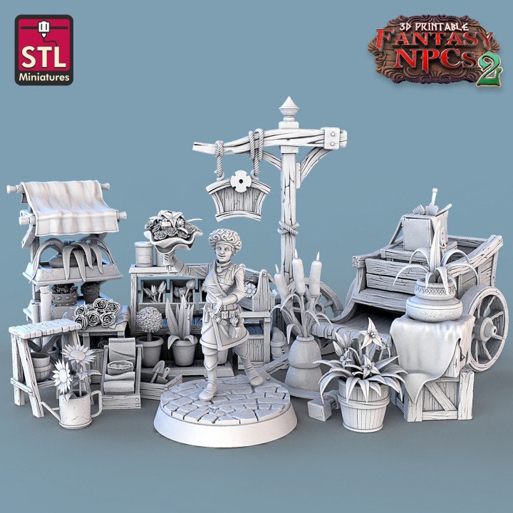 STL Miniatures digital render of a florist, flower displays, signpost, and cart