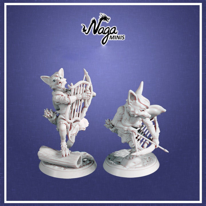 Digital render of two fox bard miniatures carrying stringed instruments, sculpted by Naga Minis