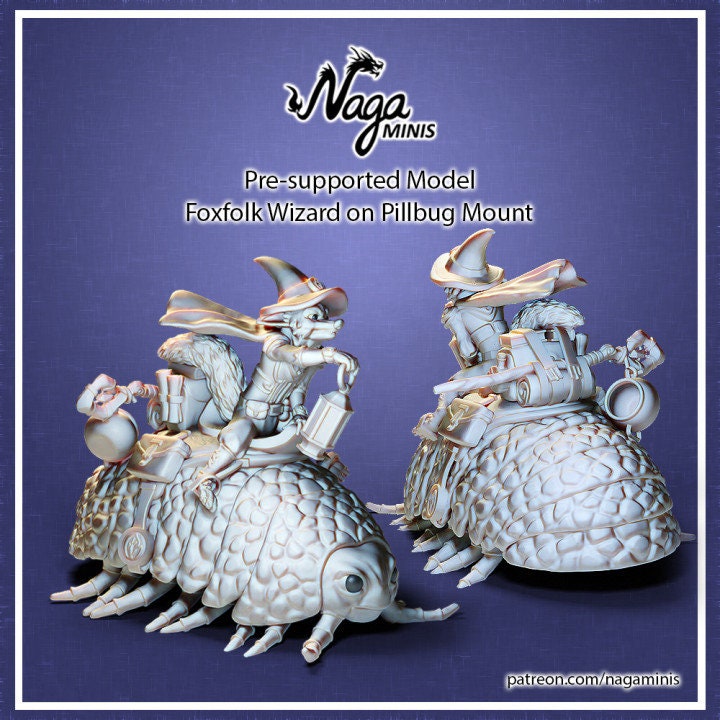 Naga Minis catalog render showing front and rear views of a Foxfolk Wizard riding a pillbug mount