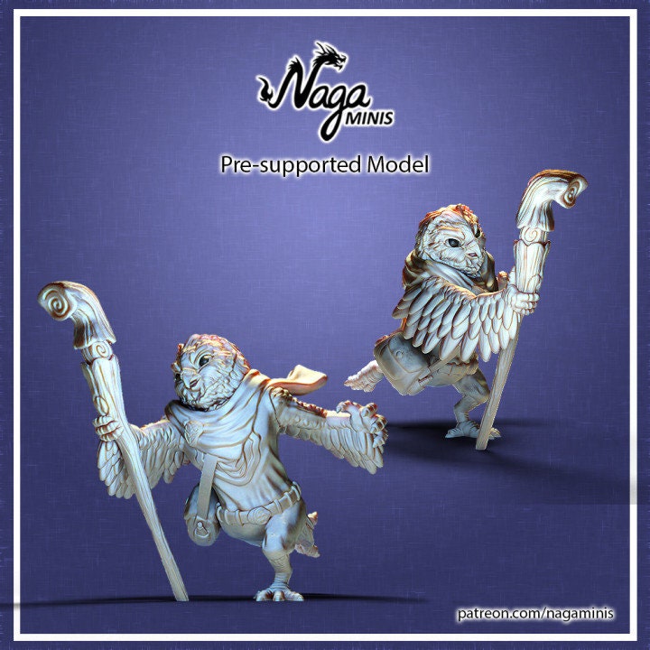 Two Owl Folk Cleric miniature sculpts by Naga Minis shown in a digital product image