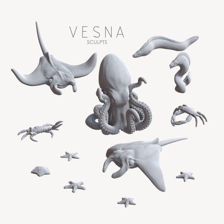 VesnaSculpts digital render of miniature rays, an octopus, crabs, eels, starfish, and a shell.