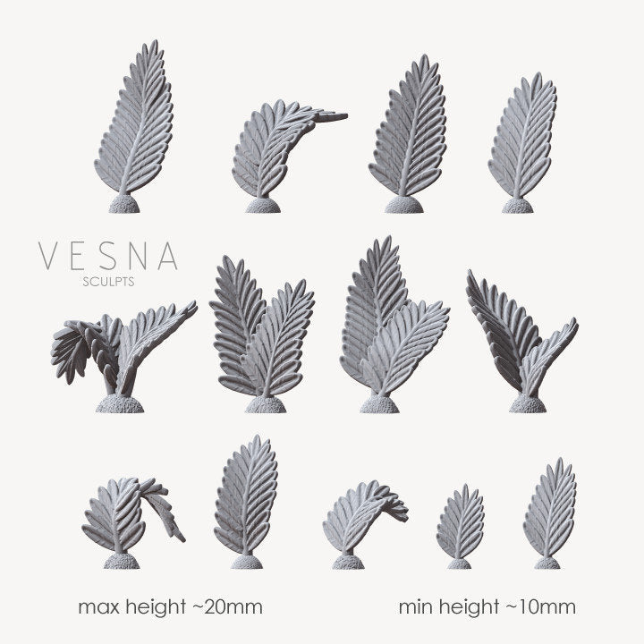 VesnaSculpts digital render showing miniature fern shapes in several sizes.