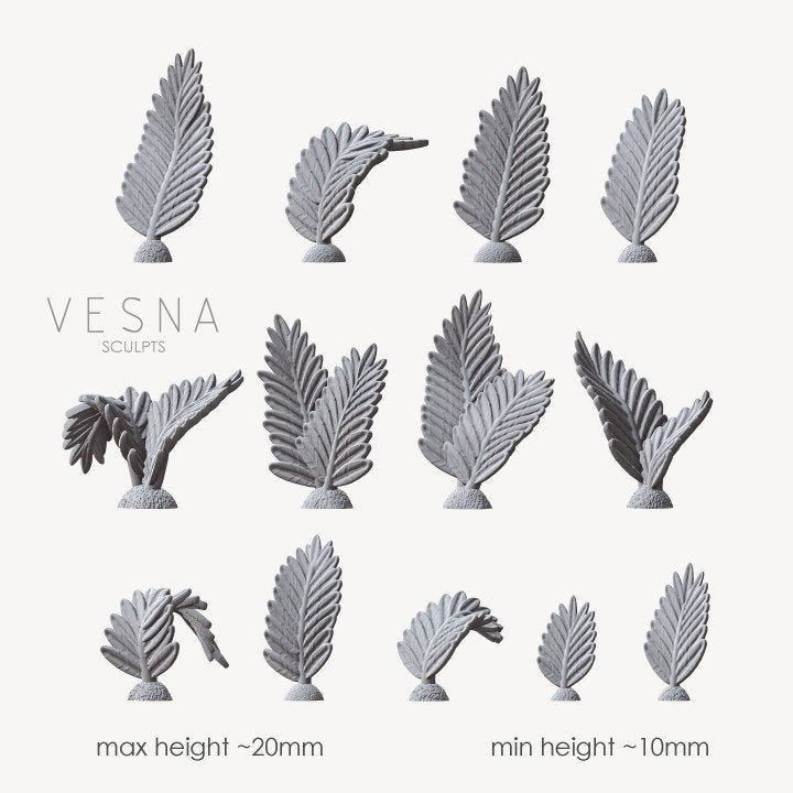 VesnaSculpts digital render showing miniature fern shapes in several sizes.