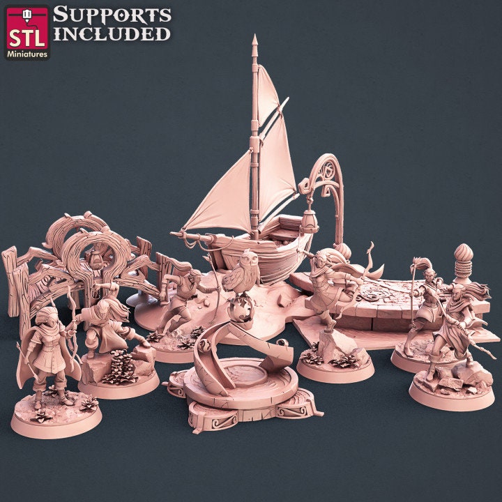 STL Miniatures digital scene featuring elf adventurers, boats, a dock, and waterside terrain.