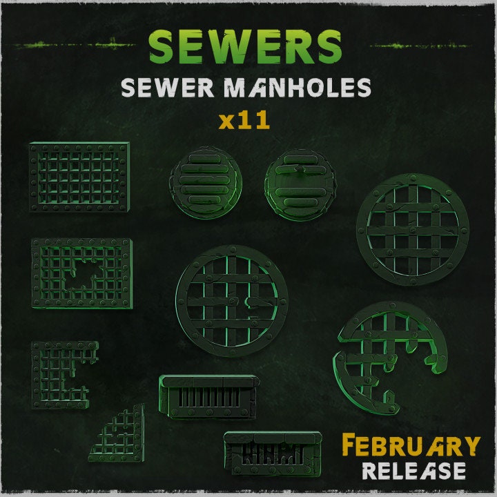 Digital product artwork showing sewer manhole covers and grates