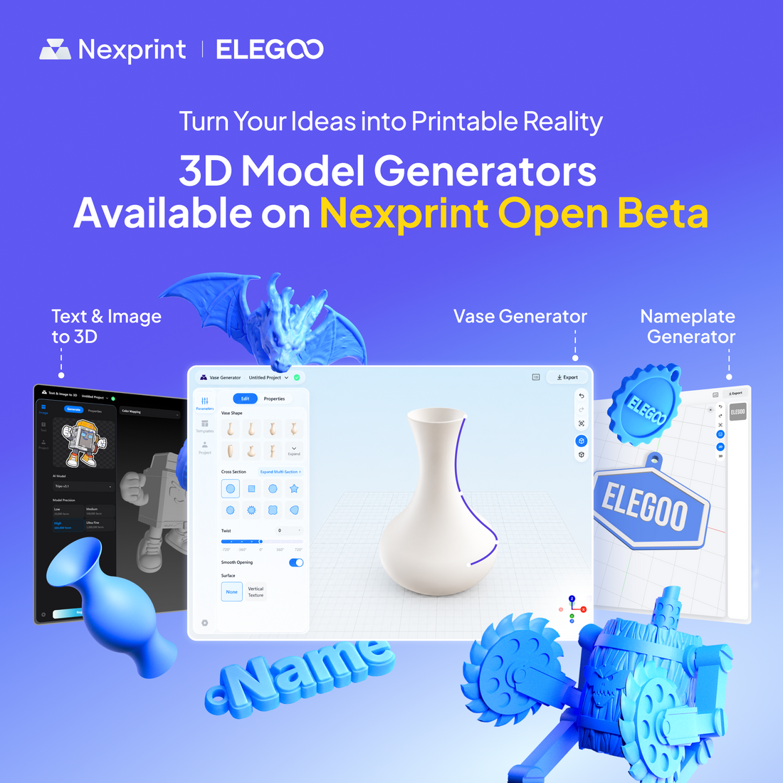 ELEGOO announcement graphic showing Nexprint's Text and Image to 3D, Vase and Nameplate generators