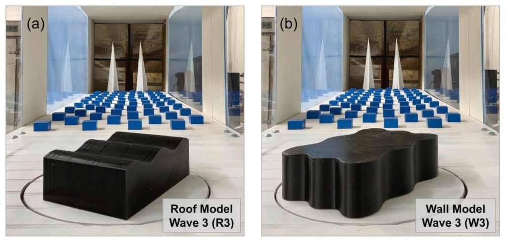 Wave-shaped roof and wall research models mounted in the FAMU-FSU wind tunnel.
