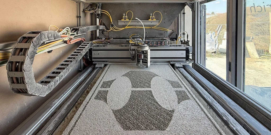 ETH Zurich binder-jetting research printer with a geometric shape in its mineral powder bed.