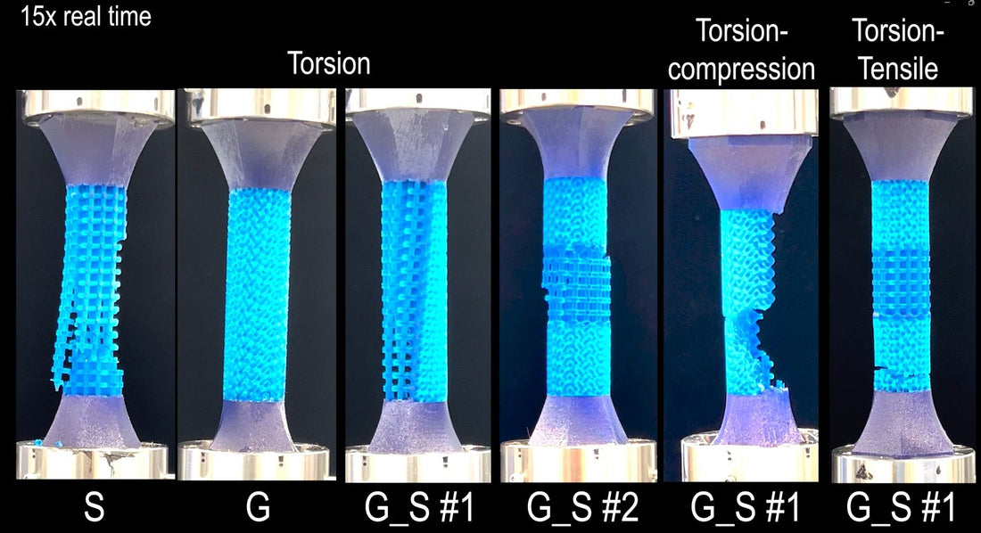 TU Delft test images showing blue printed lattice samples under torsion and combined loading.