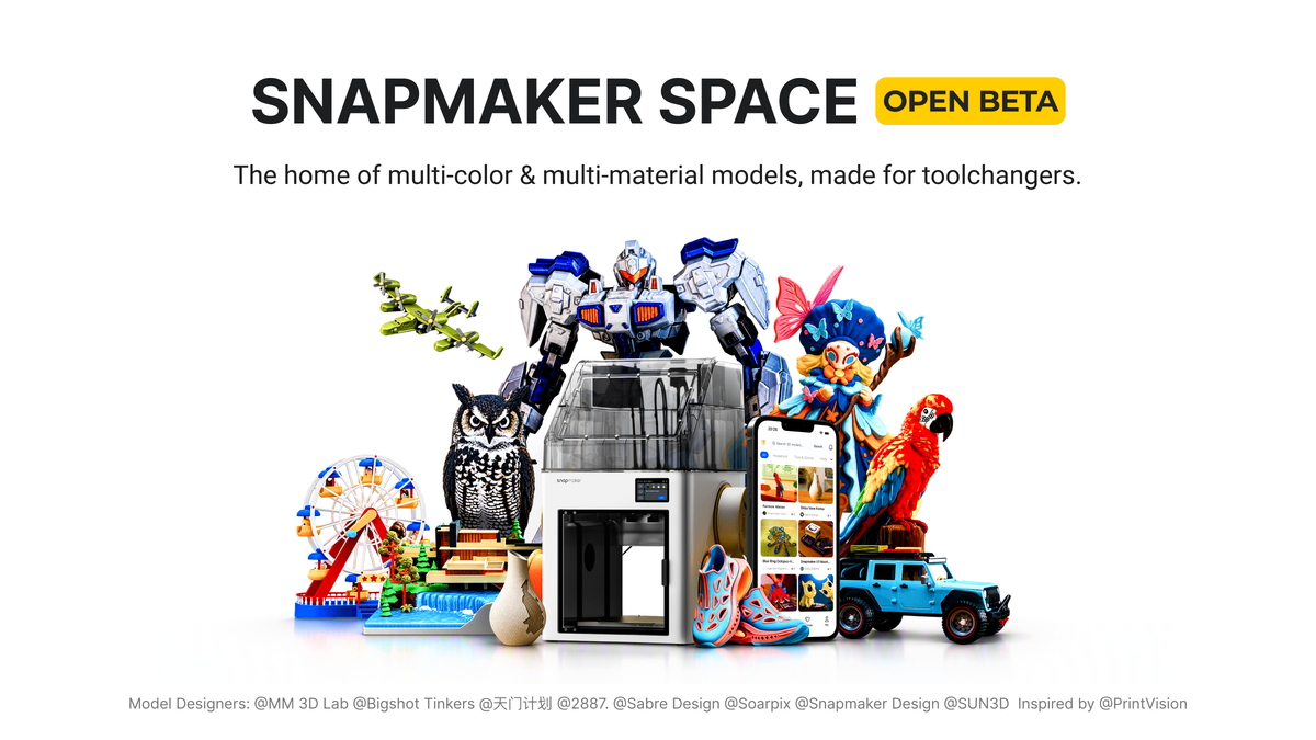 Snapmaker Space open beta artwork showing the U1 printer, mobile app, and colorful printed models.
