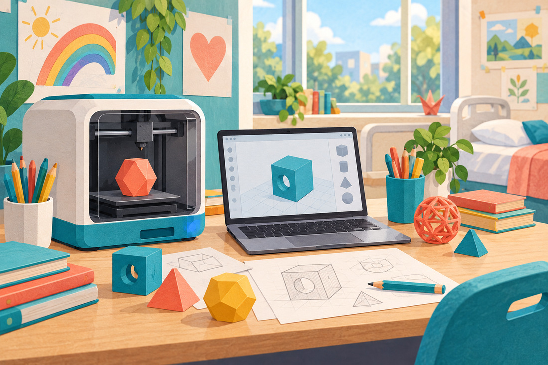 Illustration of a 3D printer, CAD laptop and prototypes in a welcoming learning space
