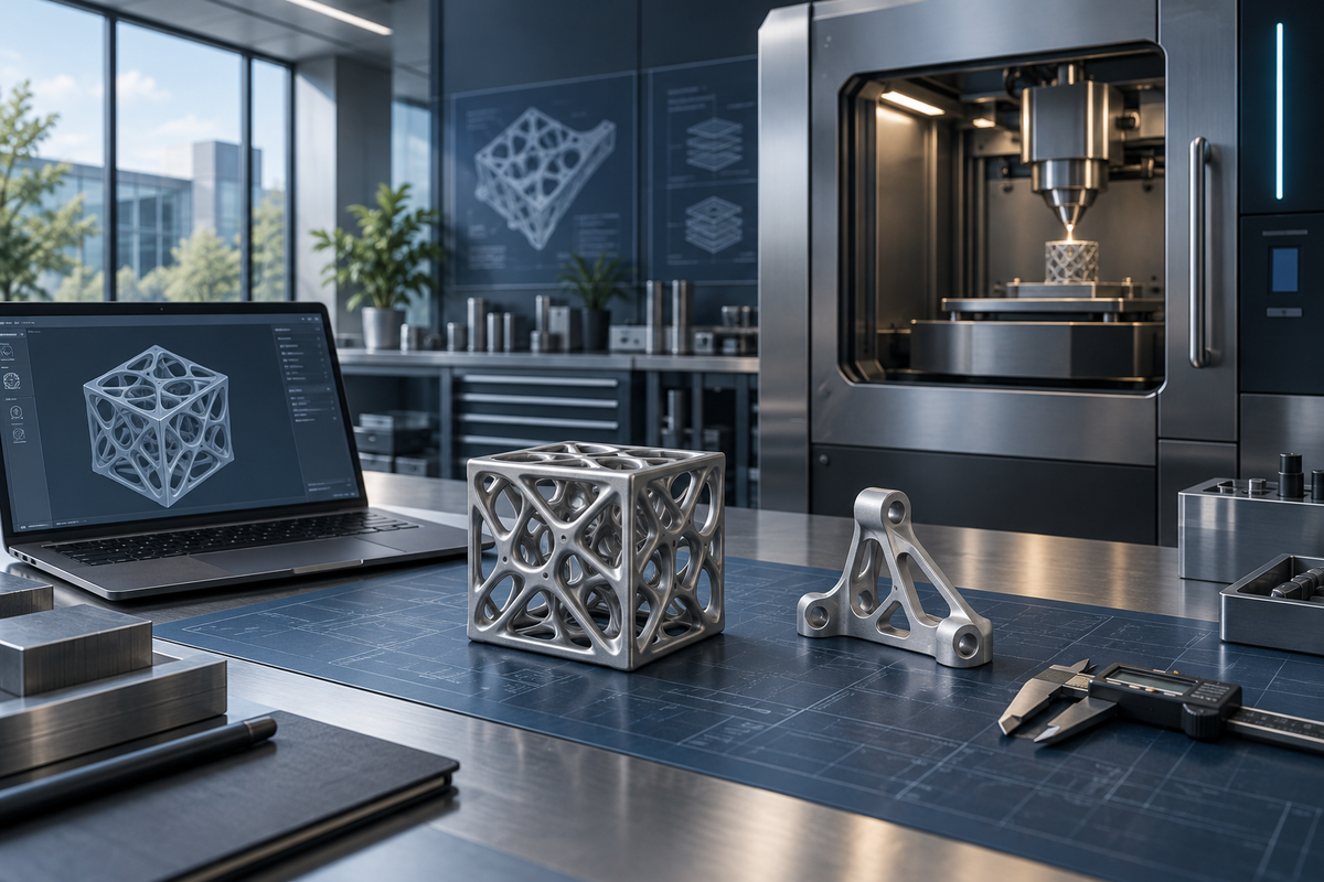 Concept illustration of metal lattice parts and design tools in an additive manufacturing lab
