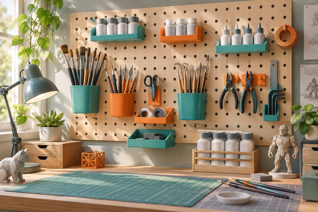 Concept illustration of pegboard holders organizing a miniature painting workspace