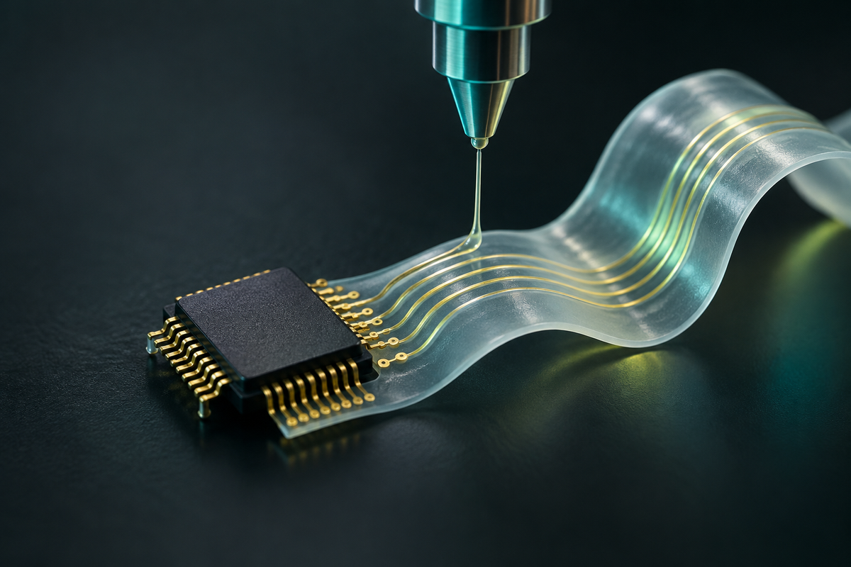 Concept illustration of a chip connected to a flexible ribbon beneath a precision printing nozzle