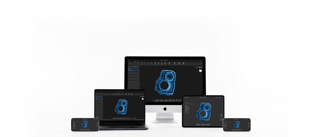 Revopoint promotional graphic showing Revo Scan 6 interfaces on desktop and mobile devices.