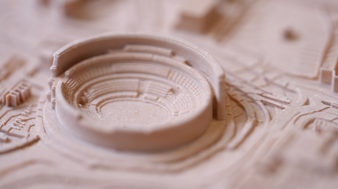 Close-up of an amphitheater in the terracotta model of Rome; image courtesy of the MIC via Formlabs