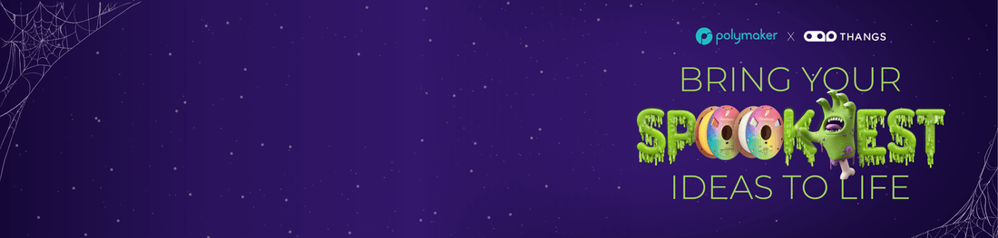 Official purple Halloween design contest banner featuring Polymaker and Thangs branding