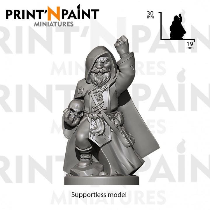 
Gnome Warlock Grimbrann – Fantasy Spellcaster Miniature – 28mm 32mm 35mm Scale – Tabletop RPG Figure for DnD & Pathfinder – Gray PLA –PnP