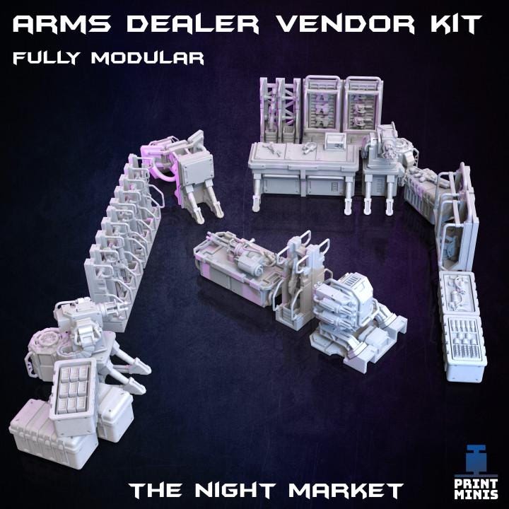 
The Arms Dealer Store 28mm/32mm Weapons Merchant TTRPG Wargame Terrain Kit Night Market Collection Basing bits Scifi Gun Shop Scenery