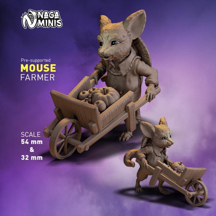 
Mouse Folk Farmer with Wheelbarrow DnD Dungeons and Dragons  28mm 32mm D&D Wargame Miniatures for Dioramas TTRPG Fantasy - Nm