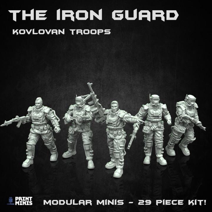 
5pc The Iron Guard of Kovlova - Modular Troops (Iron Guard Collection) | 28mm/32mm TTRPG Sci-fi Wargaming Troops Kovlovan Military Soldiers