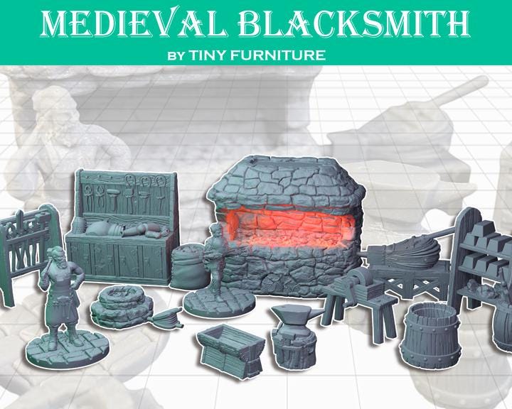 
Medieval Blacksmith Miniature Set DnD Dungeons and Dragons 28mm/32mm Scatter Scenery Blacksmith forge miniatures Furniture Blacksmith NPC