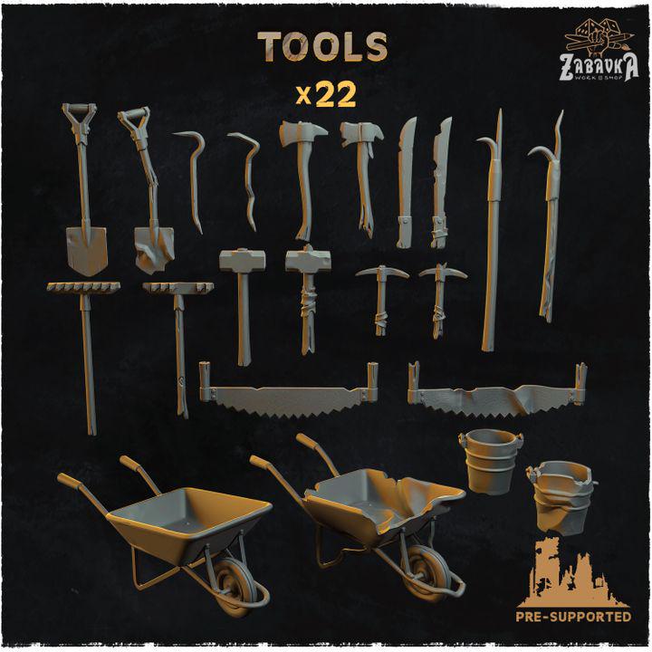 
22pc Tools (Basing Bits 2.0) 28mm/32mm Scale Dystopian Gardening Tools Scatter: Hammers, Saws,  and Wheelbarrow Miniature Village Elements