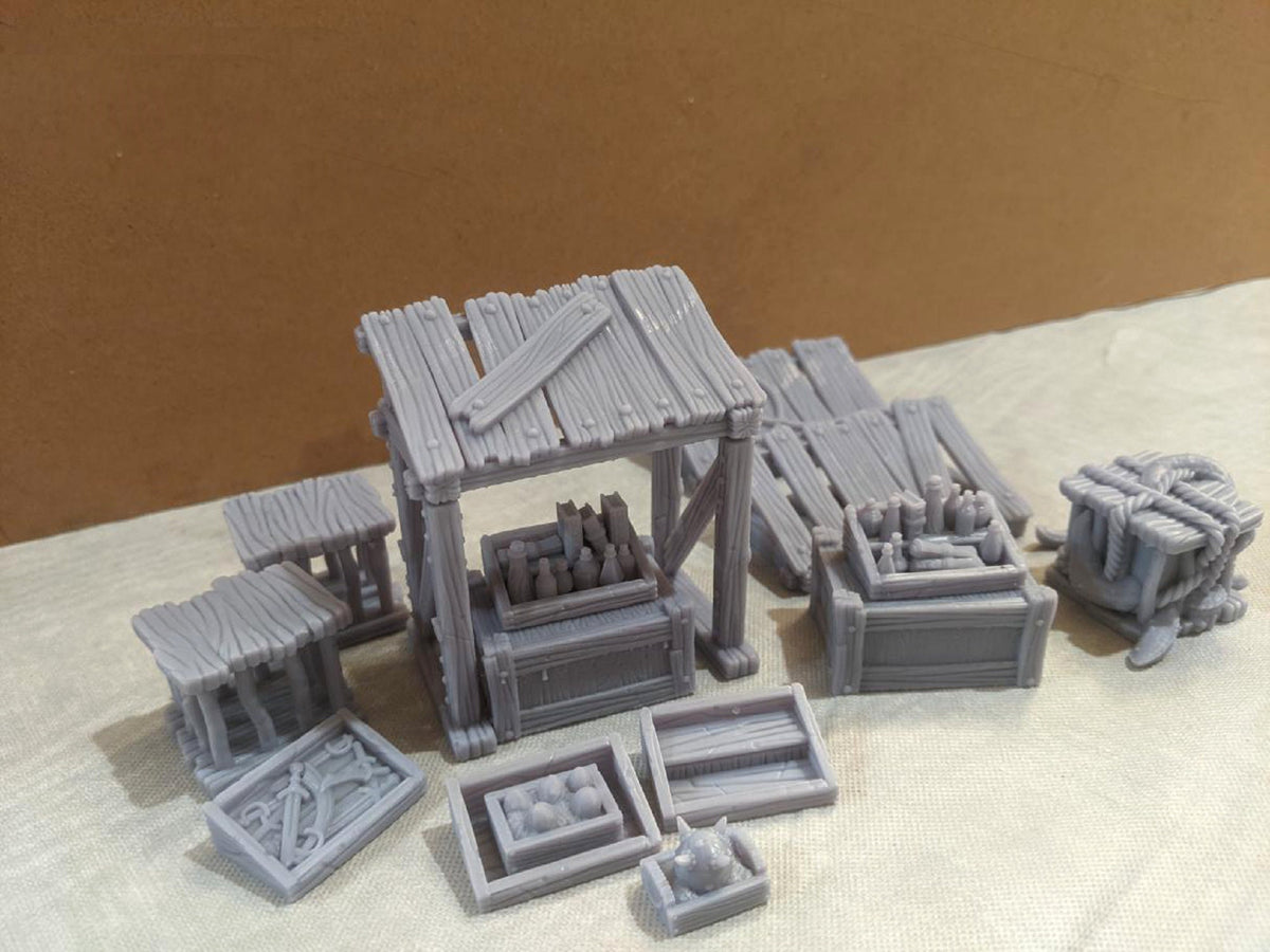 
16pc Black Market Set, Market Stalls DnD, Dungeons and Dragons, 28mm Terrain, 32mm Miniatures