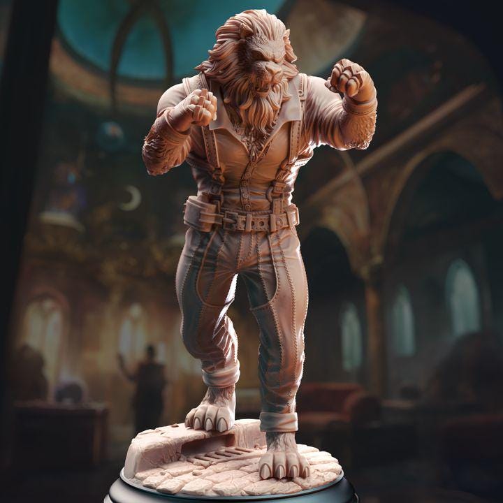 
Lionfolk Pugilist Miniature Dungeons and Dragons Fantasy RPG Fighter Unarmed Bouncer RPG Tabletop DnD Painting Pathfinder 5e Vaa'dren - DmS