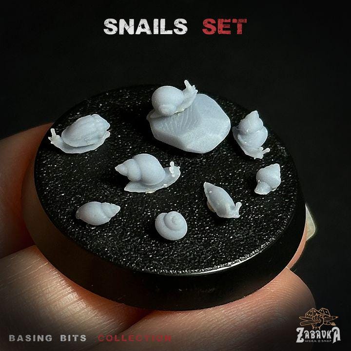 
25pc Snails - Basing Bits 28mm/32mm Whimsical Woodland Fantasy Forest Wargaming Basing Materials Gastropod Scatter Nature Scenery Elements