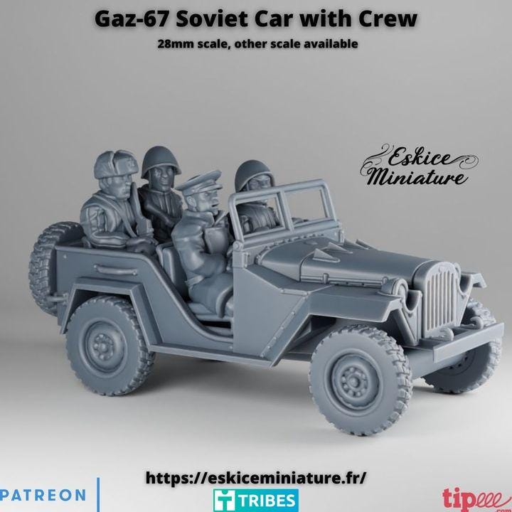 
GAZ 67 Soviet Car with Crew – 15mm 20mm 28mm 32mm 1 35 Scale – WW2 Russian Command Vehicle for Wargames – Eskice Miniature