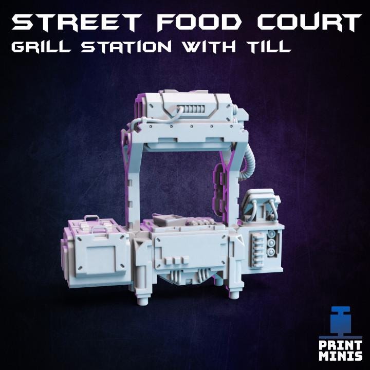 
Street Food Court 28mm/32mm Scenery Kit TTRPG Wargame Scatter Terrain Food Vendor Sci-fi Merchant Scenery Shop Scatter