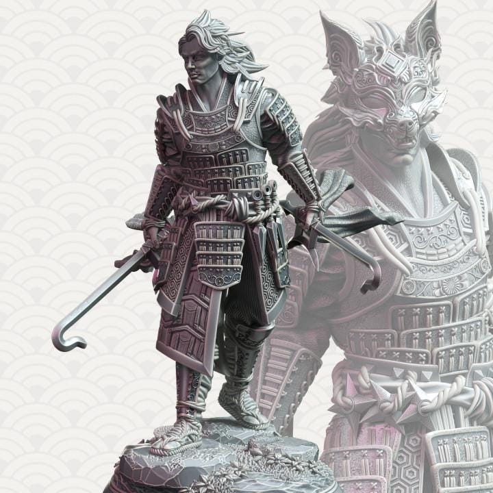 
2pc Samurai of the Fox Miniature DnD Dungeons and Dragons 28mm/32mm Kenshi Kitsune RPG Fantasy Fighter DnD Warrior Pathfinder 5e Miniatures