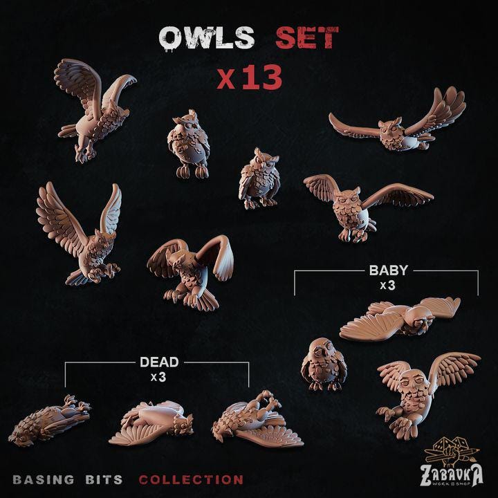 
13pc Owls Set Miniature DnD Dungeons and Dragons 28mm/32mm TTRPG Scatter Scenery Fantasy Forest Scenery Basing Bits Basing materialsZbW